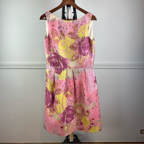 Lela Rose Dress Size 12Pink Yellow Floral Boatneck V-Back Sleeveless